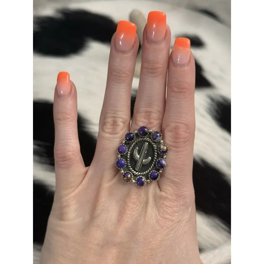 Native American Sterling Silver Purple Mojave Prickly Cactus Story Teller Ring
